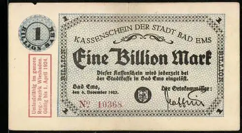 Notgeld Bad Ems 1923, Eine Billion Mark, Kassenschein der Stadt Bad Ems, gültig bis 1. April 1924