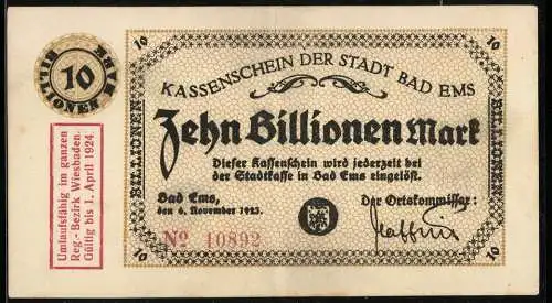 Notgeld Bad Ems 1923, Zehn Billionen Mark, Kassenschein der Stadt Bad Ems, gültig bis 1. April 1924
