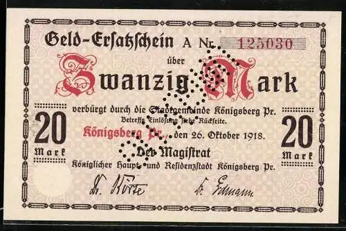 Notgeld Königsberg 1918, 20 Mark, Geld-Ersatzschein der Stadtgemeinde Königsberg, perforiert: Ungültig