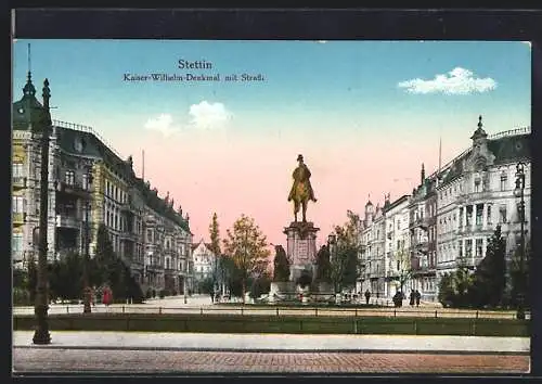 AK Stettin, Strassenansicht mit Kaiser Wilhelm-Denkmal