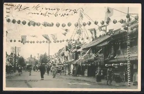 AK Yokohama, Geschmückte Strasse mit Geschäften