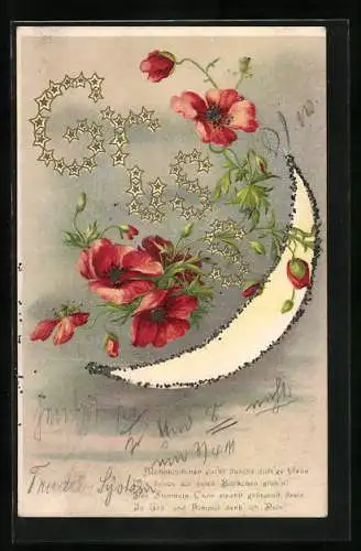 Lithographie Arrangement aus Mohnblumen und dem Mond