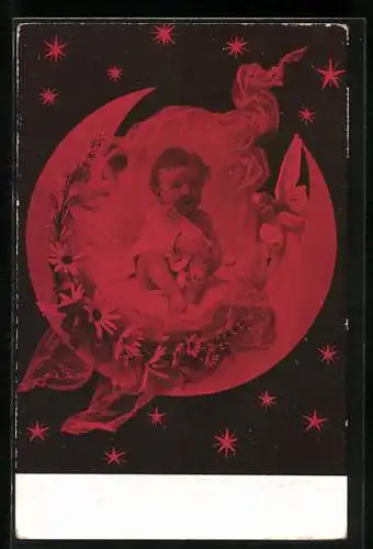 AK Kleinkind im weissen Gewand auf dem Sichelmond