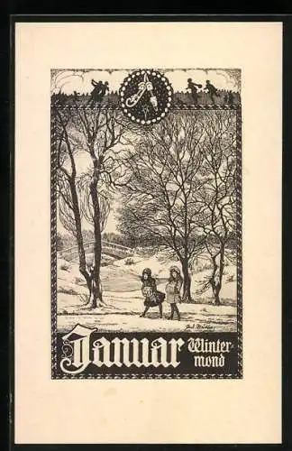 AK Allegorie Januar, Wintermond, Kinder im Park