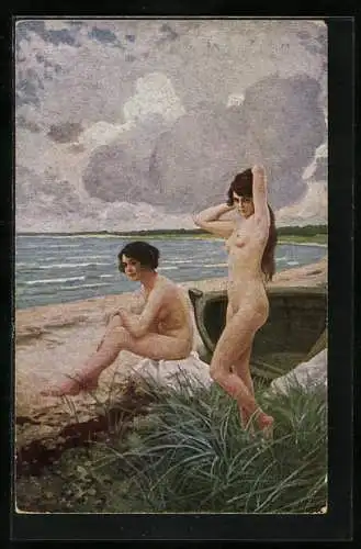 Künstler-AK Paul Fischer: Badeleben am Strande, zwei nackte Frauen, Erotik