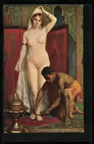 Künstler-AK Lapina Nr.897: La favorite, Nackte Frau und schwarzer Mann zu ihren Füssen, Erotik