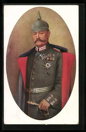 AK Gemälde Paul von Hindenburg in Uniform mit Orden und Pickelhaube