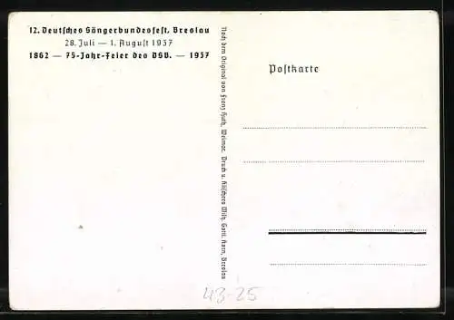 Künstler-AK Breslau, 12. Deutsches Sängerbundesfest 1937, Dom & Kreuzkirche