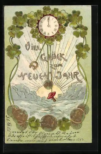 AK Geld, Kleeblatt und Hufeisen beim Sonnenaufgang zum neuen Jahr