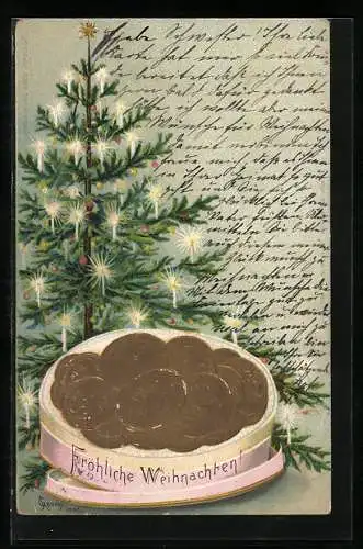 AK Weihnachten, Strahlender Christbaum, Schachtel mit Geldmünzen