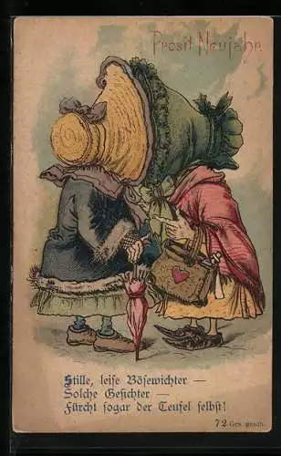 Lithographie Stille leise Bösewichter, Neujahrsgruss, frauenfeindlicher Humor, früher Druck