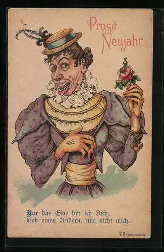 Lithographie Unansehnliche Dame, Neujahrsgruss, früher Druck