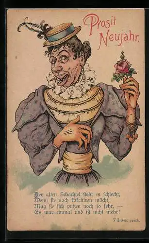 Lithographie Alte Schachtel mit Rose, Neujahrsgruss, früher Druck