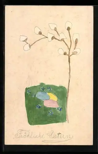 Künstler-AK Handgemalt: Ostergruss mit Weidenzweig und Ostereiern