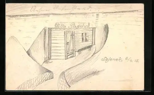 Künstler-AK Handgemalt: Die Villa Pascha, Holzbau im Schützengraben