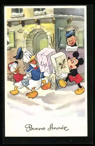 AK Donald Duck, sein Neffe und Mickey Mouse mit Weihnachtsgeschenken, Neujahrskarte von Disney