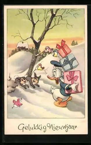 AK Walt Disney, Donald Duck mit Geschenken, Gelukkig Nieuwjaar