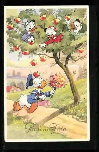 AK Donald Duck wird von seinen Neffen mit Äpfeln beworfen, Disney
