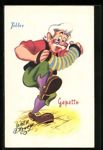 AK Reklame für Tobler Kakao, Comic-Figur Gepetto mit Ziehharmonika