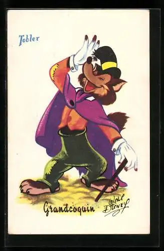 AK Reklame für Tobler Kakao, Comicfigur Grandcoquin mit Zylinder und Umhang
