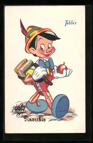 AK Pinocchio mit zwei Büchern und einem Apfel, Disney