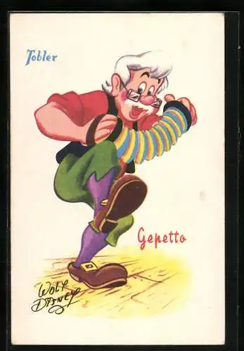 AK Reklame für Tobler Kakao, Comic-Figur Gepetto mit Ziehharmonika