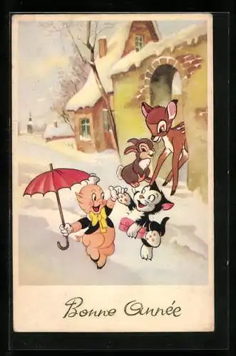 AK Walt Disney, Bambi, mit Katze und Schwein