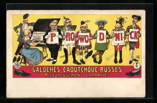 Künstler-AK Reklame für Galoches Caoutchouc Russes, Nikolaus II.