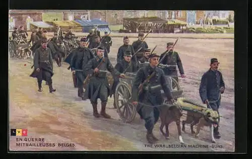 AK Hundegespann zieht Karren neben belgischen Soldaten, The War, Belgian Machine Guns, Diensthunde