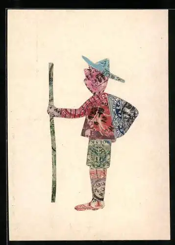 Künstler-AK Mann mit Briefmarkencollage als Kleidung