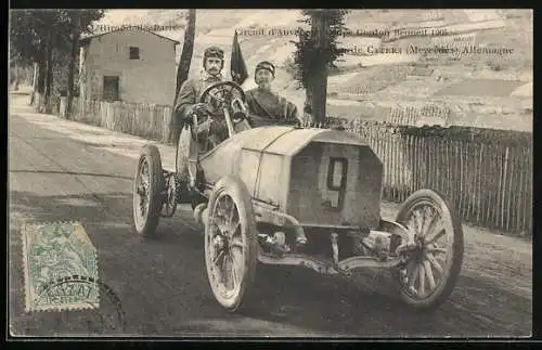 AK Autorennen Circuit de l`Auvergne 1905, Caters im Auto mit der Startnummer 9
