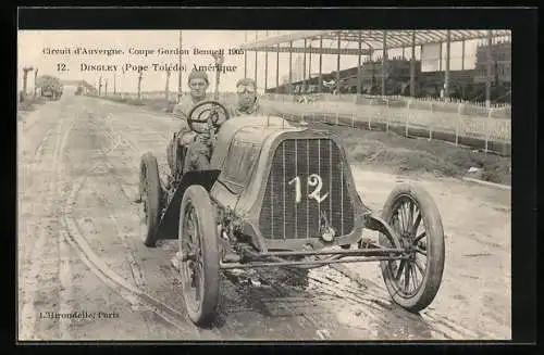 AK Circuit d`Auvergne, Coupe Gordon Bennett 1905, Dingley im Auto mit der Startnummer 12