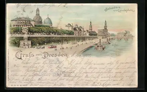 Lithographie Dresden, Panoramablick mit Belvedere und Landeplatz, Halt gegen das Licht: beleuchtete Fenster