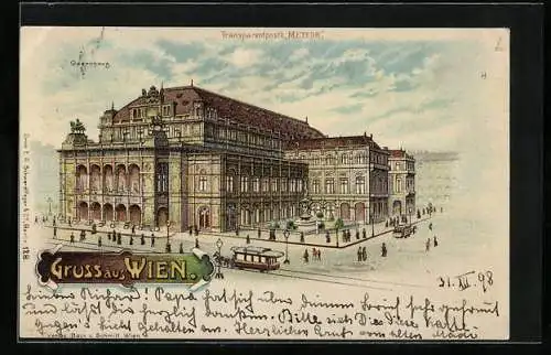 Lithographie Wien, Opernhaus mit Strasse und Strassenbahn, Halt gegen das Licht: Vollmond