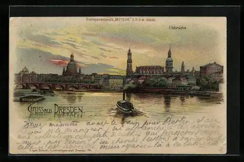 Lithographie Dresden, Teilansicht mit Elbbrücke im Gewitter, Halt gegen das Licht
