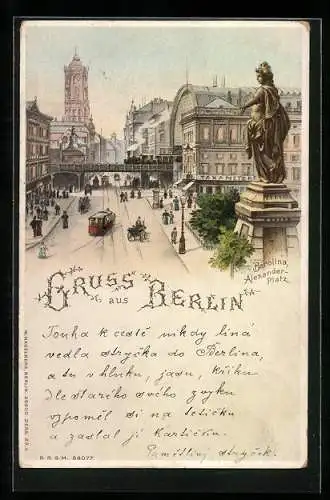 Lithographie Berlin, Alexanderplatz mit Berolina und Blick zum Rathaus, Halt gegen das Licht: beleuchtete Fenster