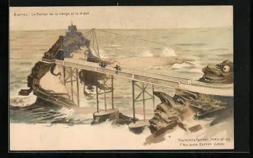 Lithographie Biarritz, Le Rocher de la vierge et la digue, Killinger & Faivret, Berg mit Gesicht / Berggesichter