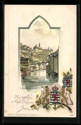 Präge-Lithographie Luxemburg, Ortsansicht von der Grundbrücke aus, Wappen im Passepartout