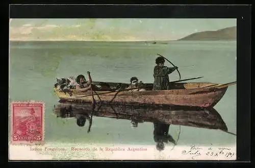 AK Feuerland, Indios Fueguinos, Indianer im Ruderboot