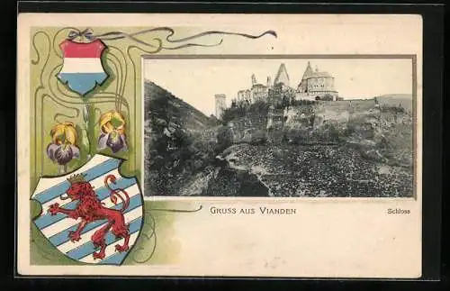 Passepartout-Lithographie Vianden, Schloss und Wappen