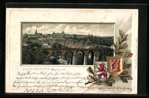 Lithographie Luxembourg, Ortsansicht übers Viadukt, Wappen im geprägten Passepartout