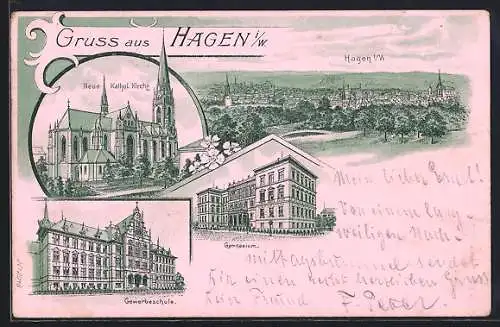 Lithographie Hagen i. W., Neue Katholische Kirche, Gewerbeschule, Gymnasium, Gesamtansicht aus der Vogelschau