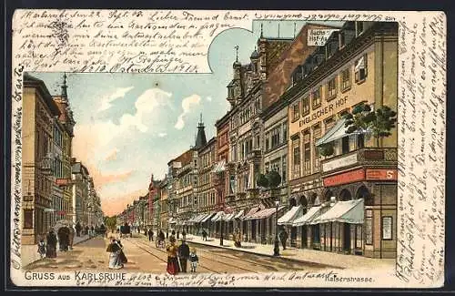 Lithographie Karlsruhe, Kaiserstrasse mit Hotel Englischer Hof