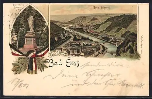 Lithographie Bad Ems, Kaiser Wilhelm Denkmal, Ortsansicht