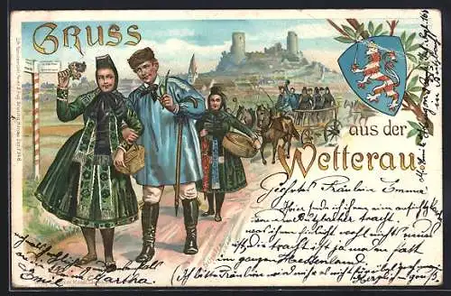 Lithographie Gruss aus der Wetterau, Hessischer Trachtenzug, Wappen