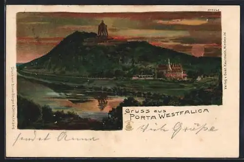 Lithographie Porta Westfalica, Panorama mit Denkmal bei Sonnenuntergang