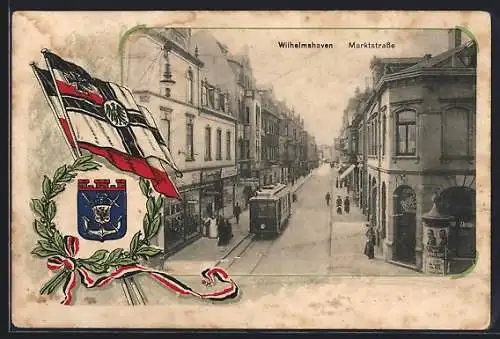 AK Wilhelmshaven, Blick in die Marktstrasse und auf die Strassenbahn