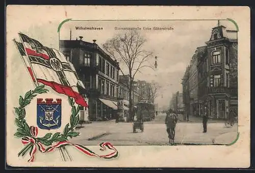 AK Wilhelmshaven, Bismarckstrasse Ecke Gökerstrasse, Passepartout mit Wappen und Fahnen