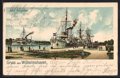 Lithographie Wilhelmshaven, Kriegsschiffe im neuen Kriegshafen