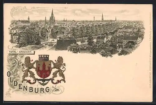 Lithographie Oldenburg / Gr., Totalansicht, Wappen der Stadt